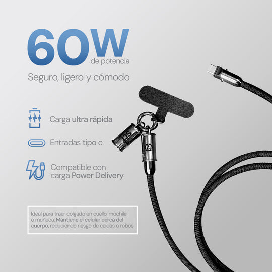 Cable Sujetador Tipo C: 60W, Carga Rápida, Uso al Cuello, 120 cm