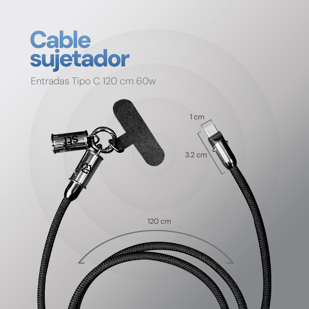 Cable Sujetador Tipo C STF 60W, Carga Rápida, Uso al Cuello, 120 cm