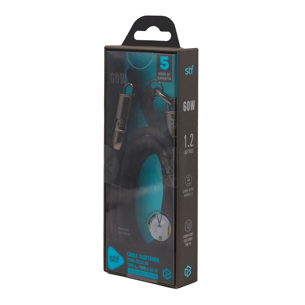 Cable Sujetador Tipo C STF 60W, Carga Rápida, Uso al Cuello, 120 cm