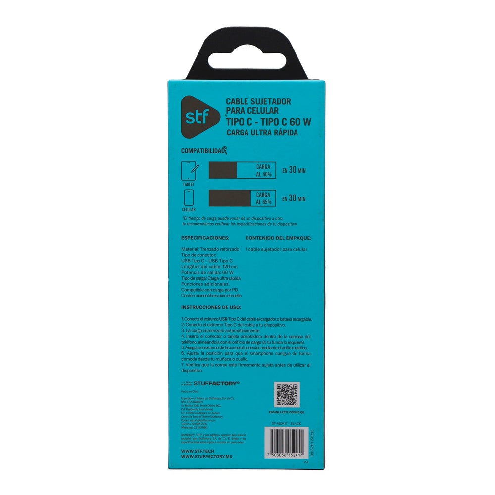 Cable Sujetador Tipo C STF 60W, Carga Rápida, Uso al Cuello, 120 cm