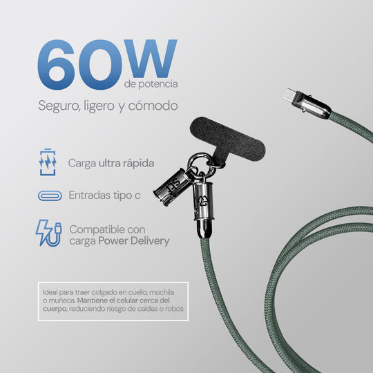 Cable Sujetador Tipo C: 60W, Carga Rápida, Función Soporte, 30 cm