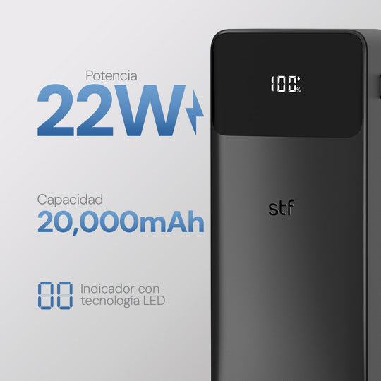 Batería Power Bank Recargable: 20,000 mAh, 22W, con Cables Tipo C y Lightning