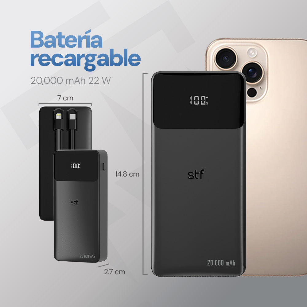 Batería Portátil Power Bank STF 20000 mAh 22W Cables Incluidos Tipo C y Lightning
