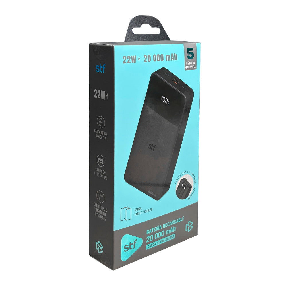 Batería Portátil Power Bank STF 20000 mAh 22W Cables Incluidos Tipo C y Lightning