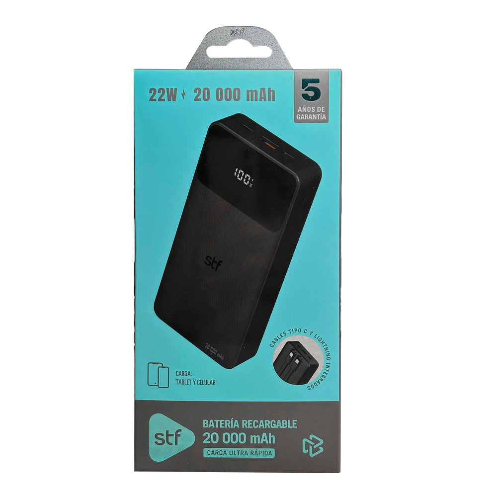 Batería Portátil Power Bank STF 20000 mAh 22W Cables Incluidos Tipo C y Lightning