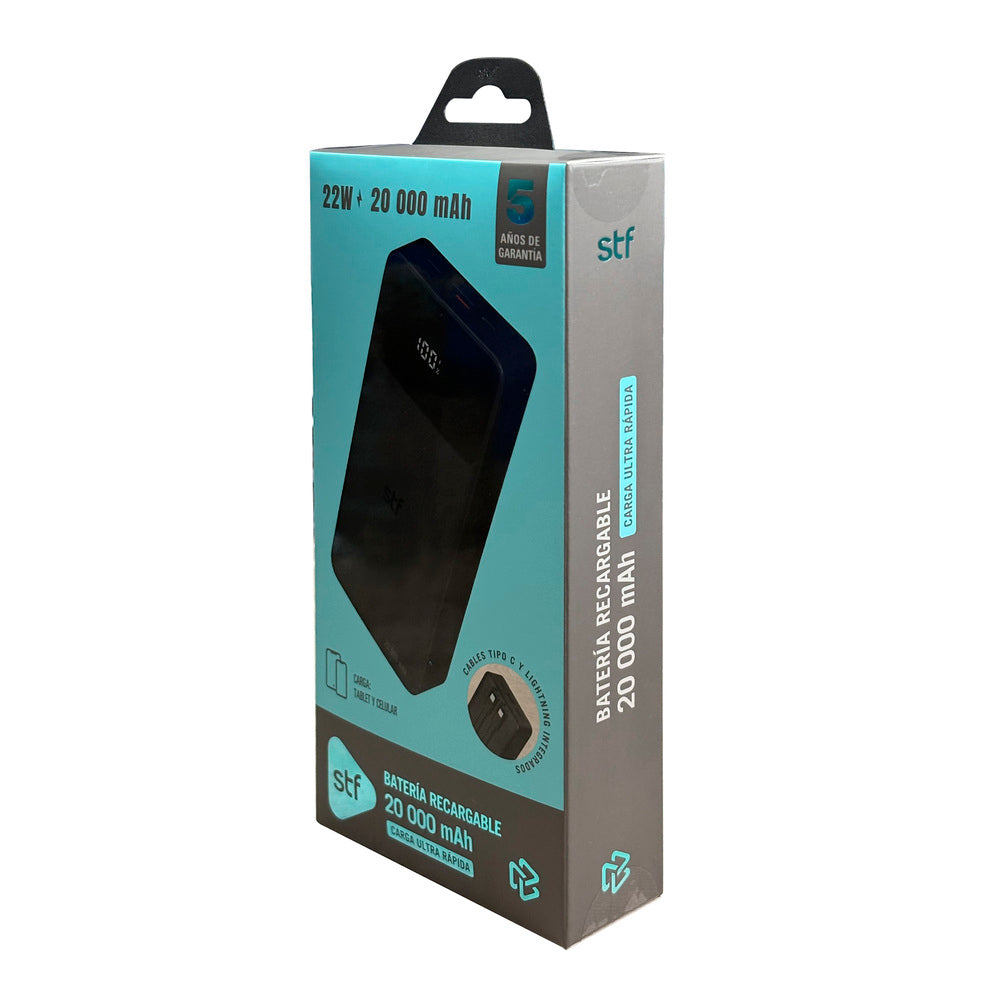 Batería Portátil Power Bank STF 20000 mAh 22W Cables Incluidos Tipo C y Lightning