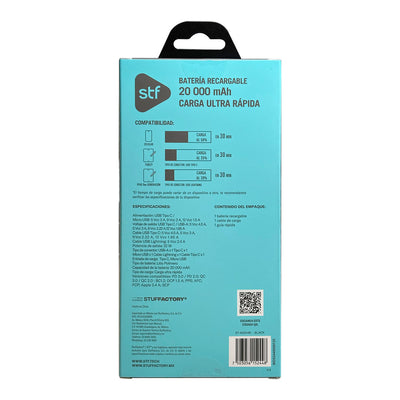 Batería Portátil Power Bank STF 20000 mAh 22W Cables Incluidos Tipo C y Lightning