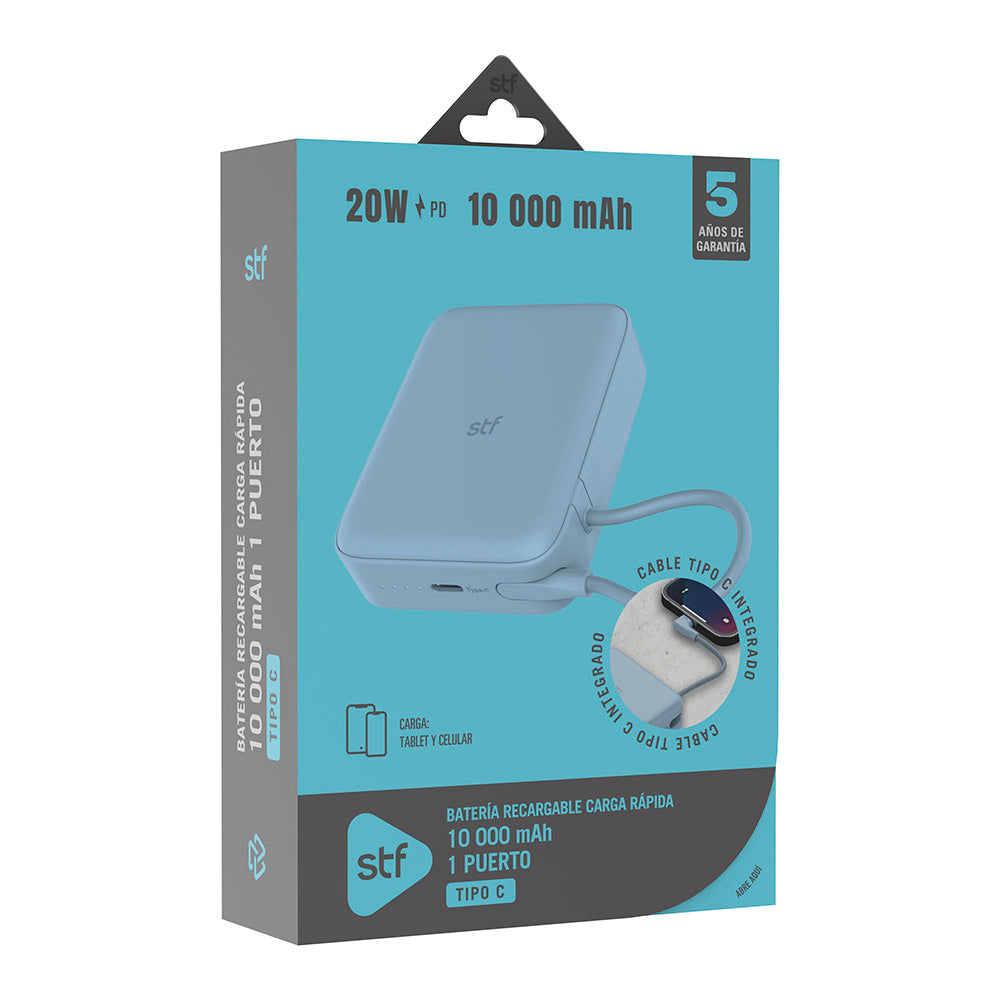 Batería Portátil Power Bank STF 10000 mAh 20W PD Cable tipo C integrado Azul