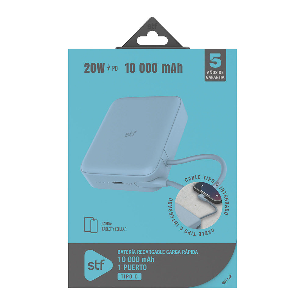 Batería Portátil Power Bank STF 10000 mAh 20W PD Cable tipo C integrado Azul