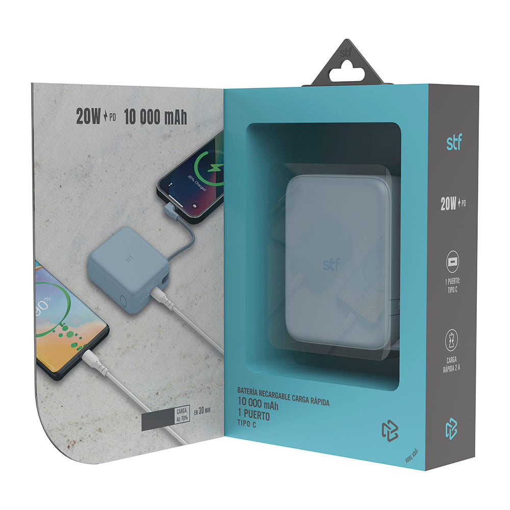 Batería Portátil Power Bank STF 10000 mAh 20W PD Cable tipo C integrado Azul