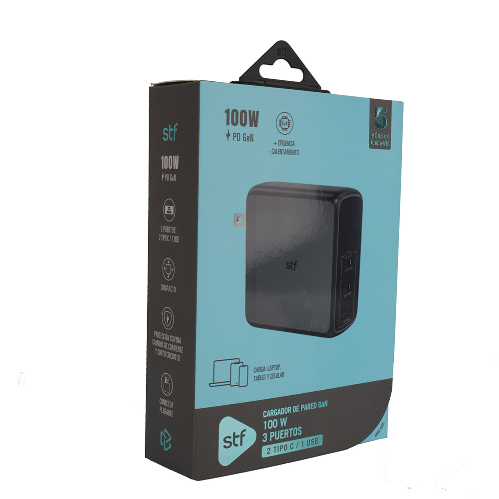 Cargador Pared STF GaN 100W 3 Puertos Tipo C Dual + USB Carga Ultra Rápida
