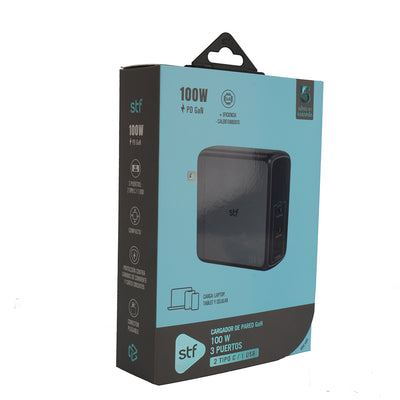 Cargador Pared STF GaN 100W 3 Puertos Tipo C Dual + USB Carga Ultra Rápida