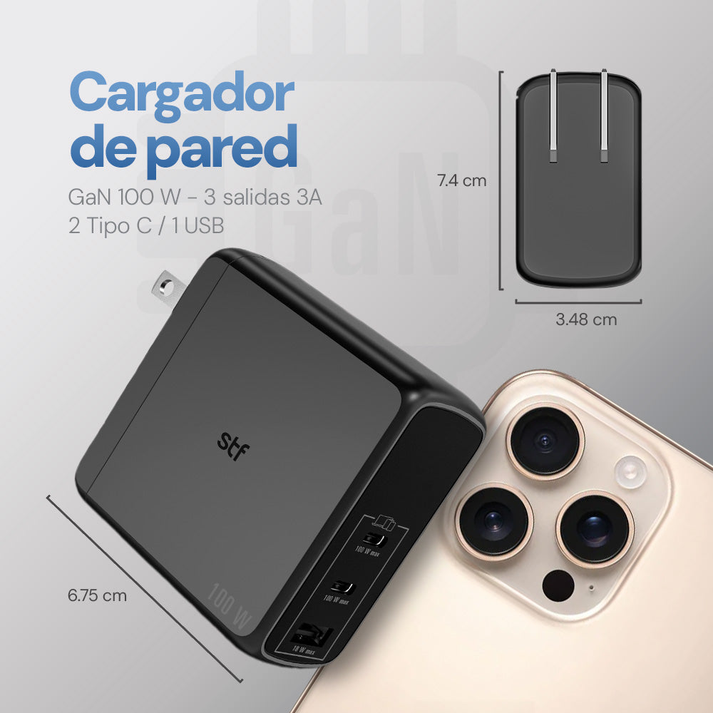 Cargador Pared STF GaN 100W 3 Puertos Tipo C Dual + USB Carga Ultra Rápida