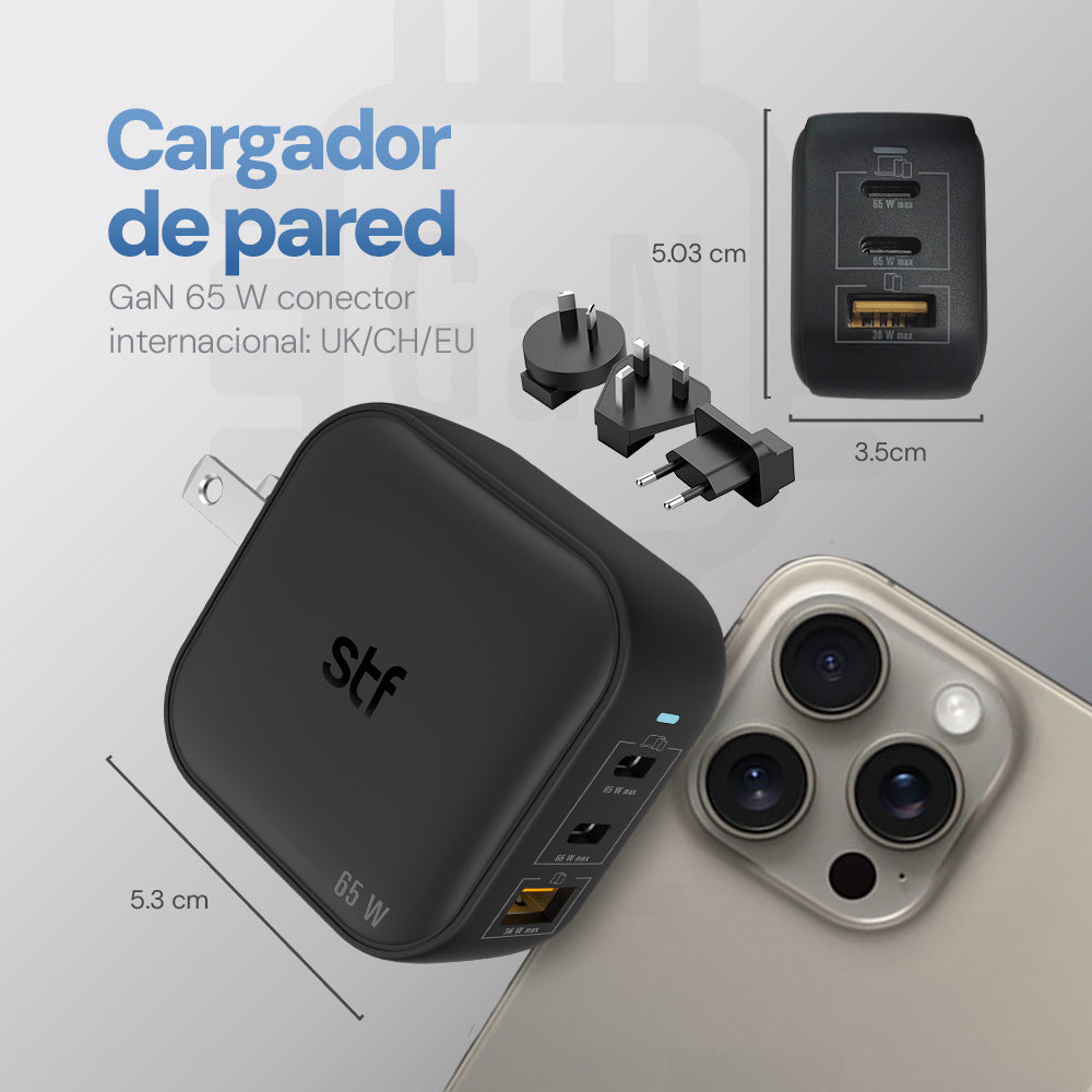 Cargador Pared STF GaN 65W 3 Salidas + Adaptadores UK/EU/AU Carga Ultra Rápida