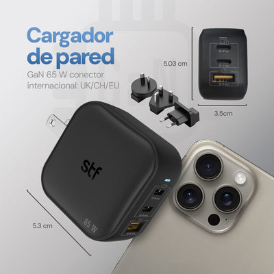 Cargador Pared STF GaN 65W 3 Salidas + Adaptadores UK/EU/AU Carga Ultra Rápida