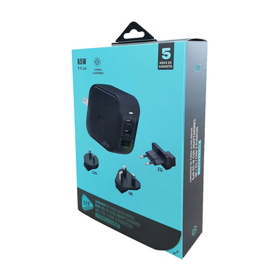 Cargador Pared STF GaN 65W 3 Salidas + Adaptadores UK/EU/AU Carga Ultra Rápida