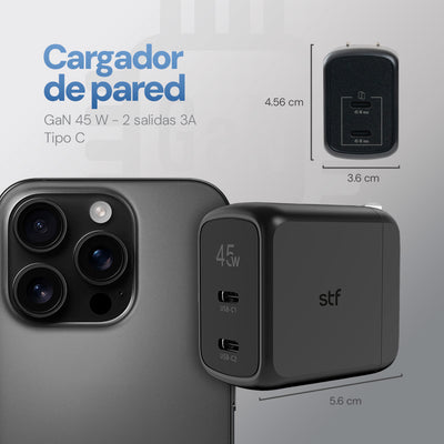 Cargador Pared STF GaN 45W Dual Tipo C Carga Ultra Rápida Enchufe Plegable