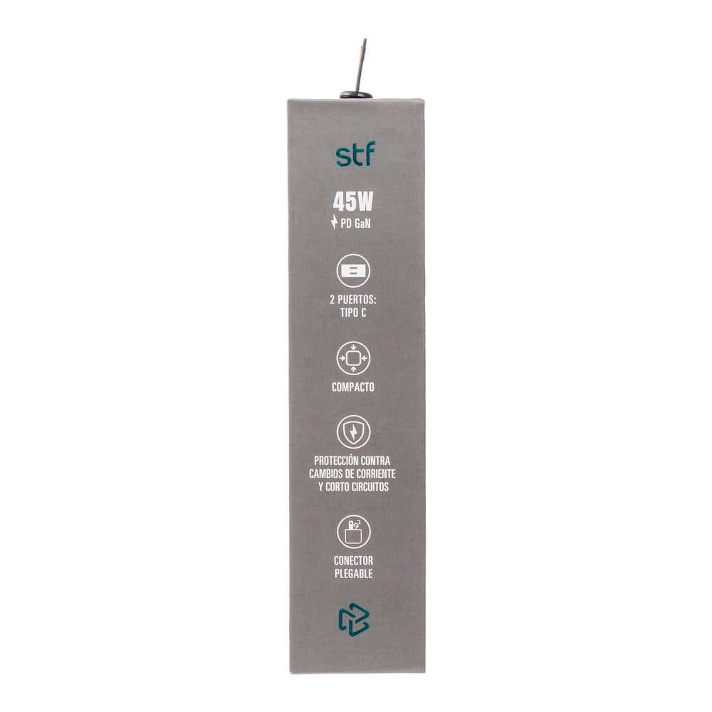 Cargador Pared STF GaN 45W Dual Tipo C Carga Ultra Rápida Enchufe Plegable