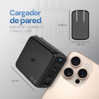 Cargador Pared STF GaN 65W 3 Salidas Tipo C Dual + USB Carga Ultra Rápida