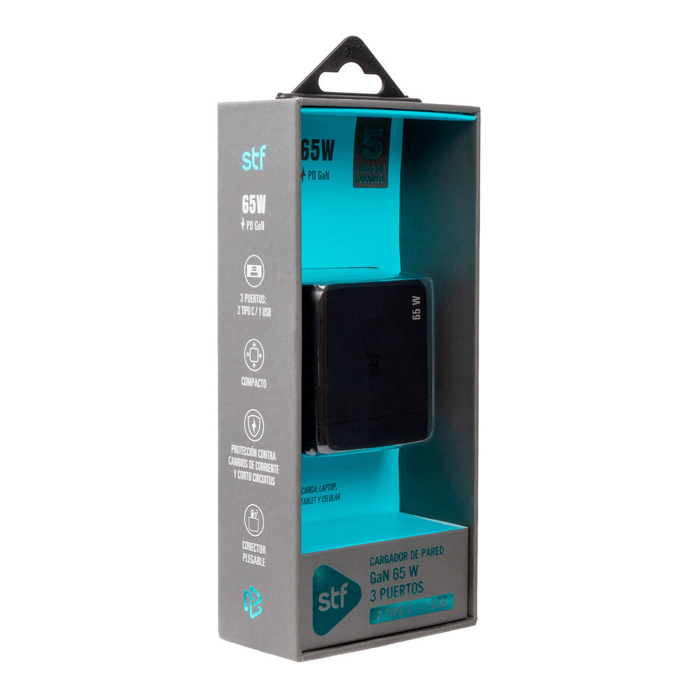 Cargador Pared STF GaN 65W 3 Salidas Tipo C Dual + USB Carga Ultra Rápida