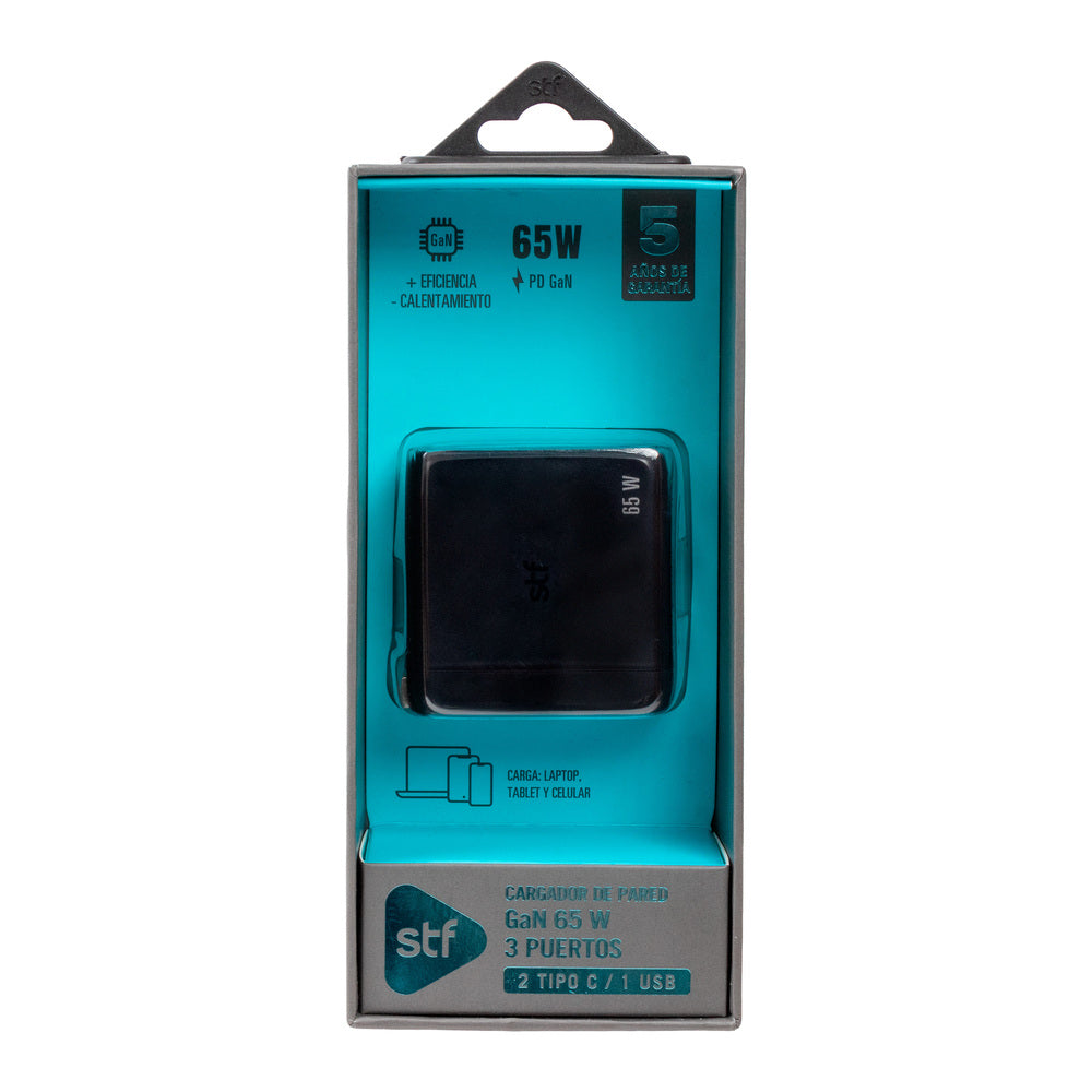 Cargador Pared STF GaN 65W 3 Salidas Tipo C Dual + USB Carga Ultra Rápida