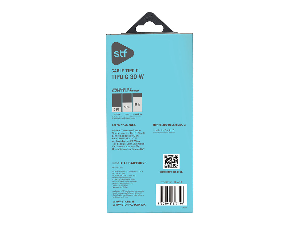 Cable Tipo C a Tipo C STF 30W Carga Rápida PD 1.8m Textil/Aluminio