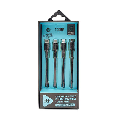Cable 4 en 2 STF Carga Ultra Rápida USB/Tipo-C a Micro USB/Lightning/USB-C 100W