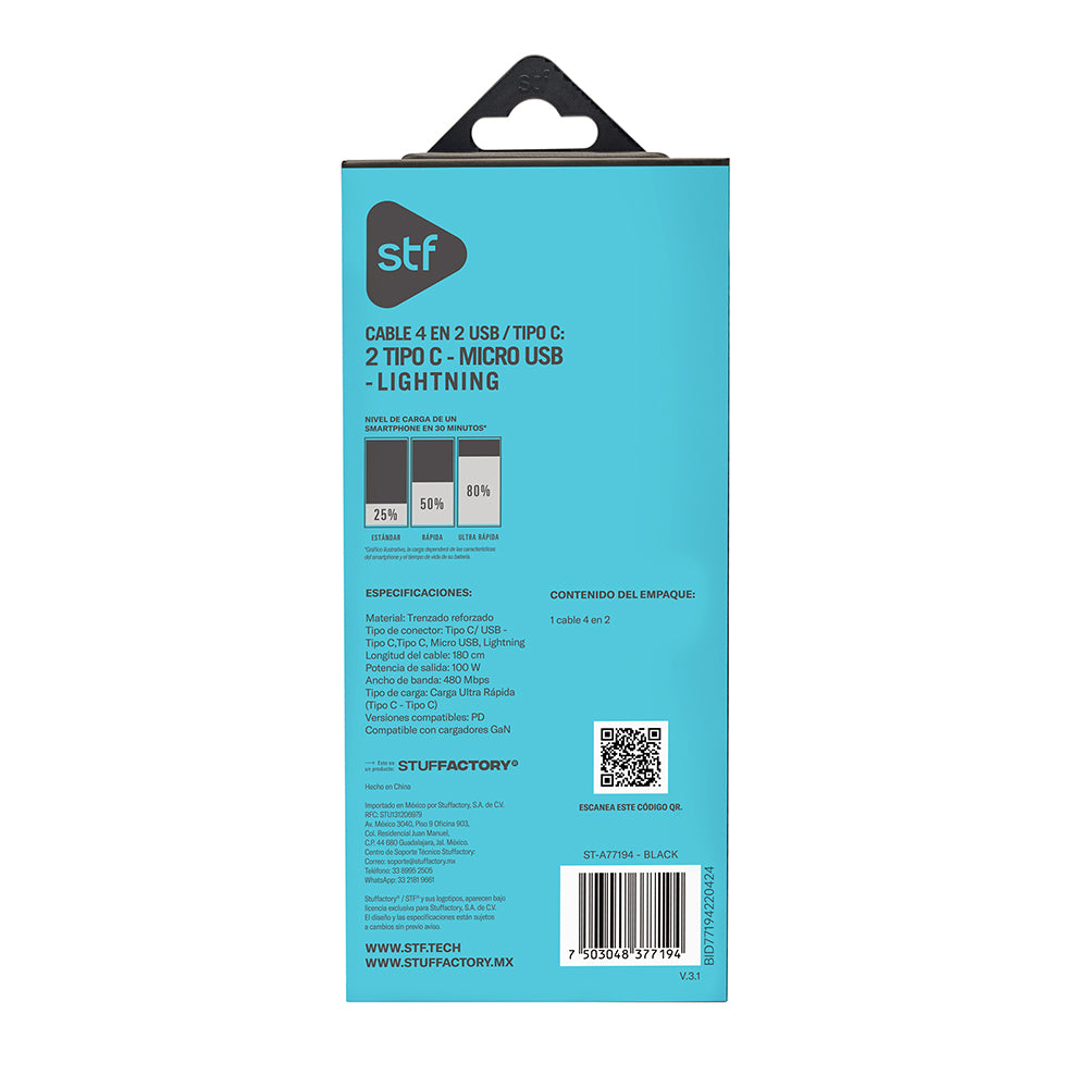 Cable 4 en 2 STF Carga Ultra Rápida USB/Tipo-C a Micro USB/Lightning/USB-C 100W