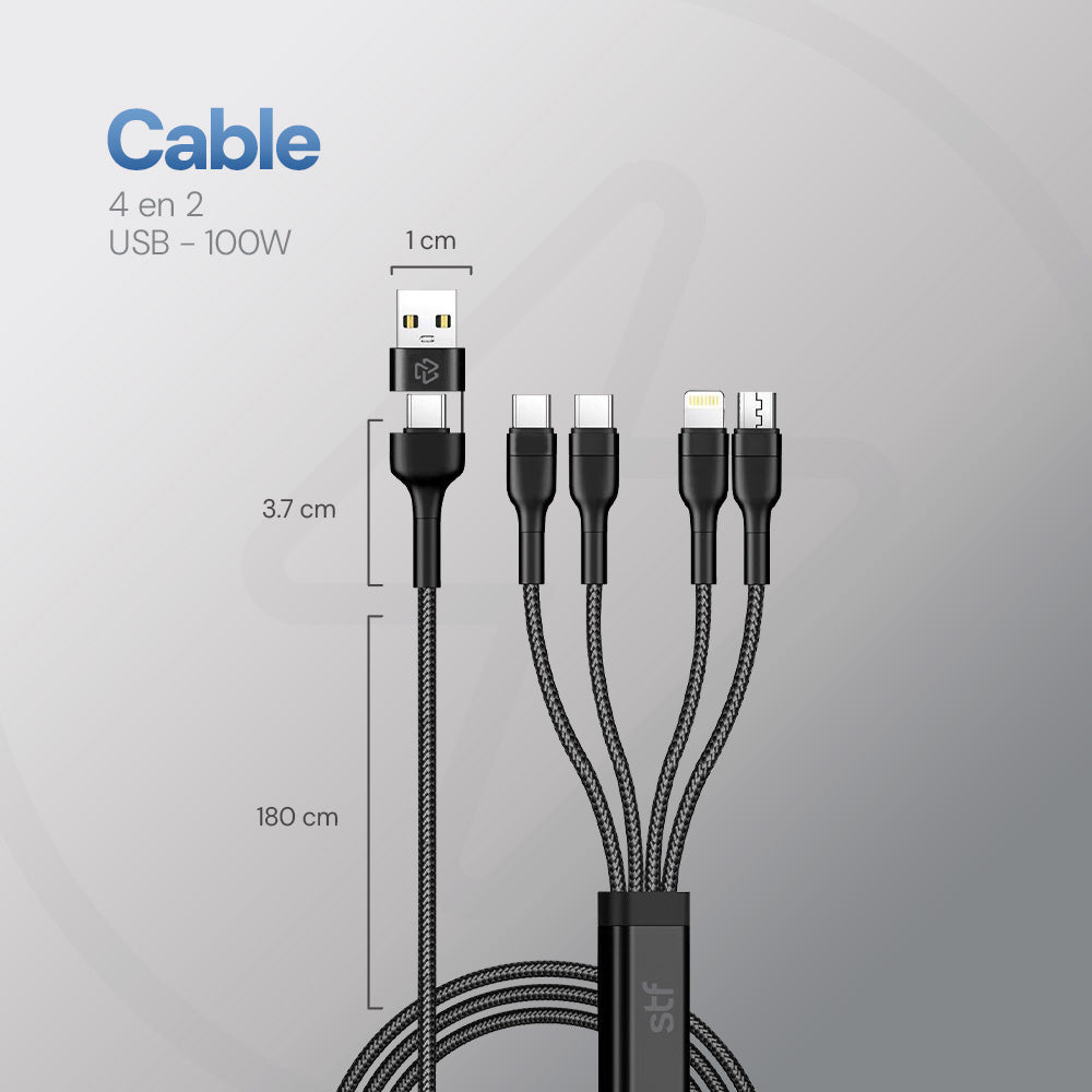 Cable 4 en 2 STF Carga Ultra Rápida USB/Tipo-C a Micro USB/Lightning/USB-C 100W