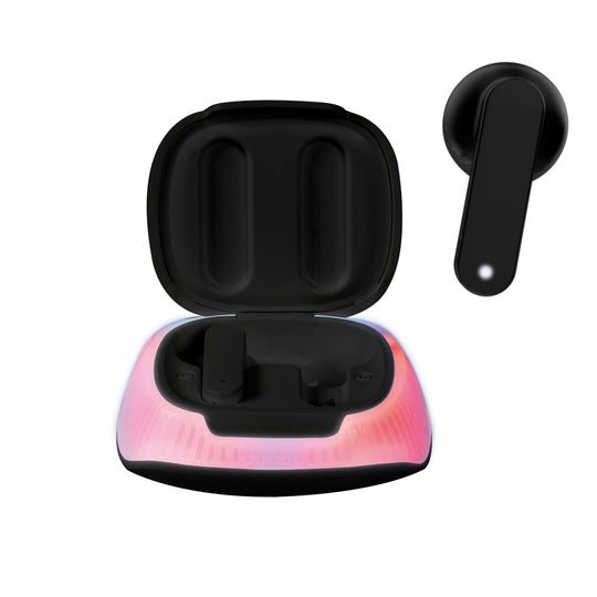 Audífonos STF LIGHTWAVE: TWS Negros con Micrófono, Luz RGB y Base Recargable