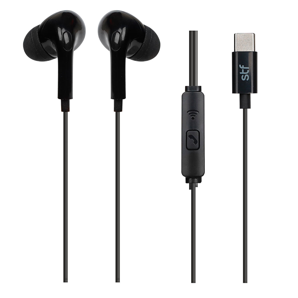 Audífonos alámbricos In Ear STF Tipo C, Manos libres con micrófono, Negro