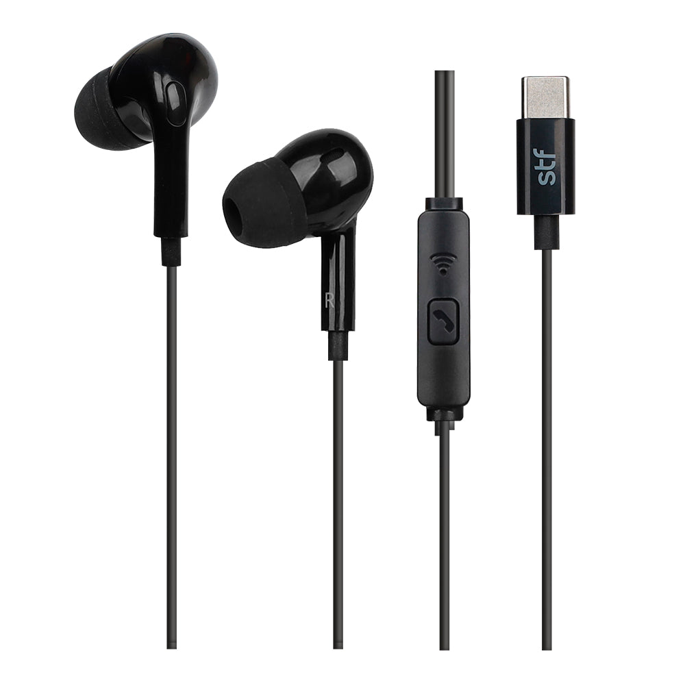 Audífonos alámbricos In Ear STF Tipo C, Manos libres con micrófono, Negro