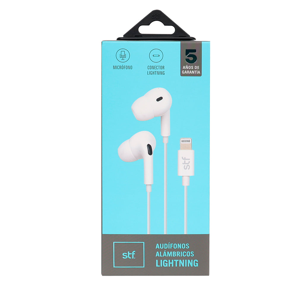 Audífonos alámbricos In Ear STF Tipo lightning, Manos libres con micrófono, Blanco