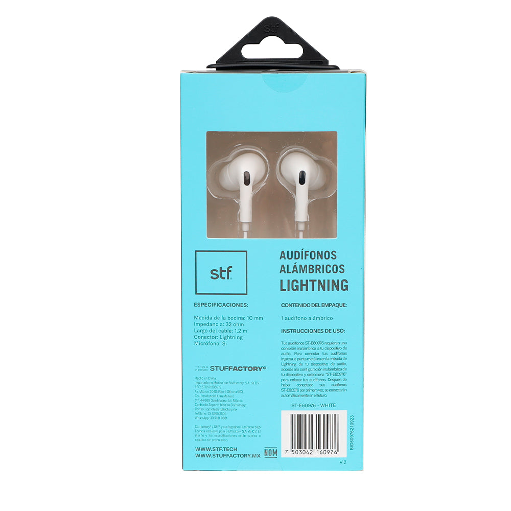 Audífonos alámbricos In Ear STF Tipo lightning, Manos libres con micrófono, Blanco
