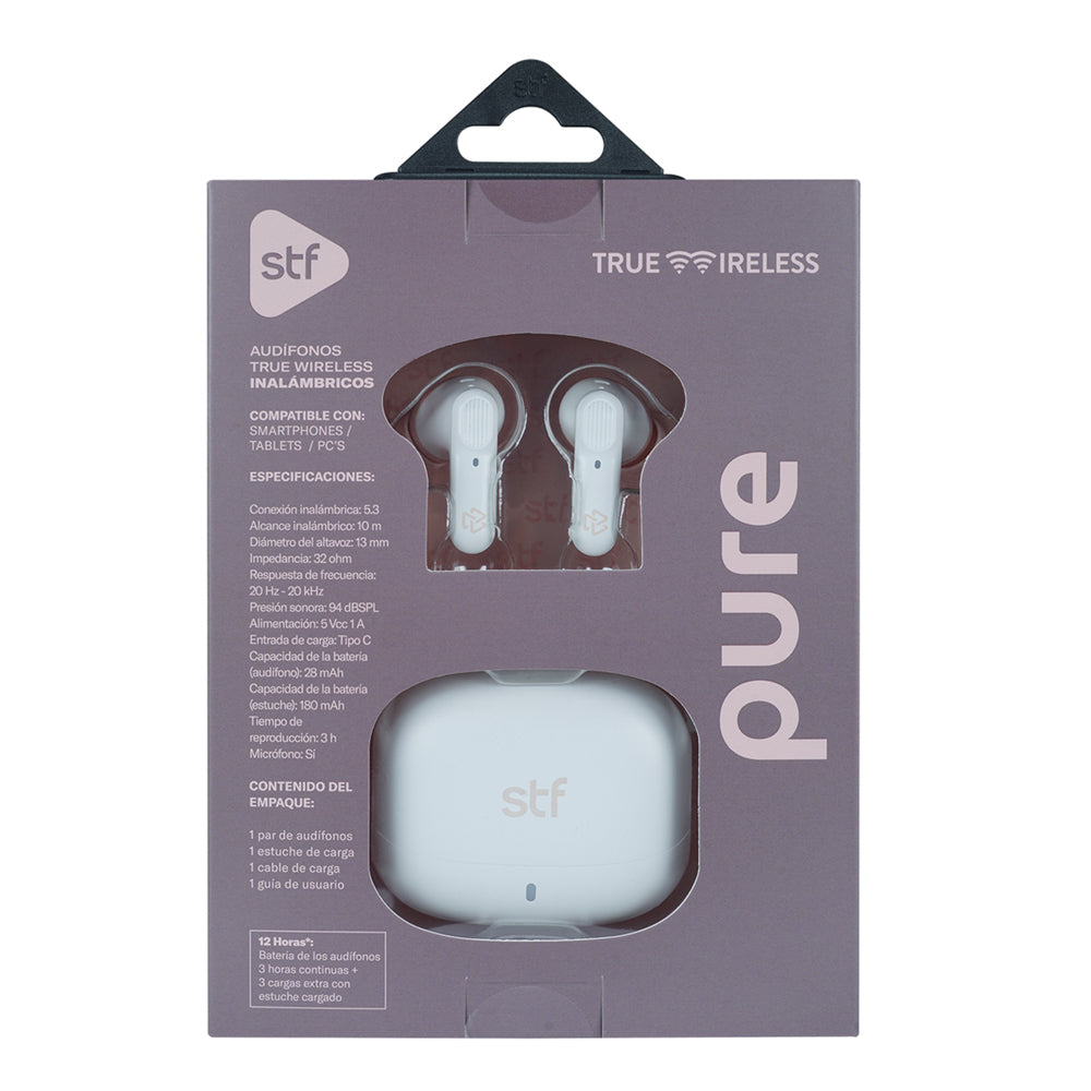 Audifonos Inalambricos Tws Pure STF 12hrs Uso Proteccion IPX4 Blanco