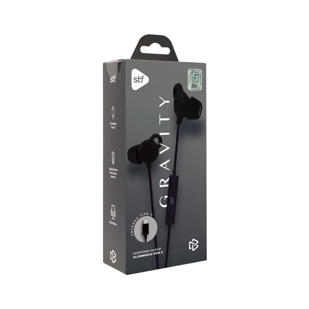 Audifonos alámbricos In Ear Gravity STF Tipo C, Micrófono, Negro