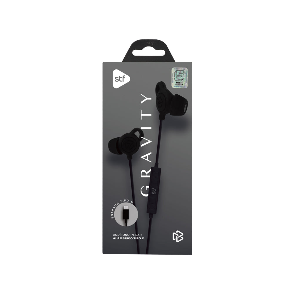 Audifonos alámbricos In Ear Gravity STF Tipo C, Micrófono, Negro