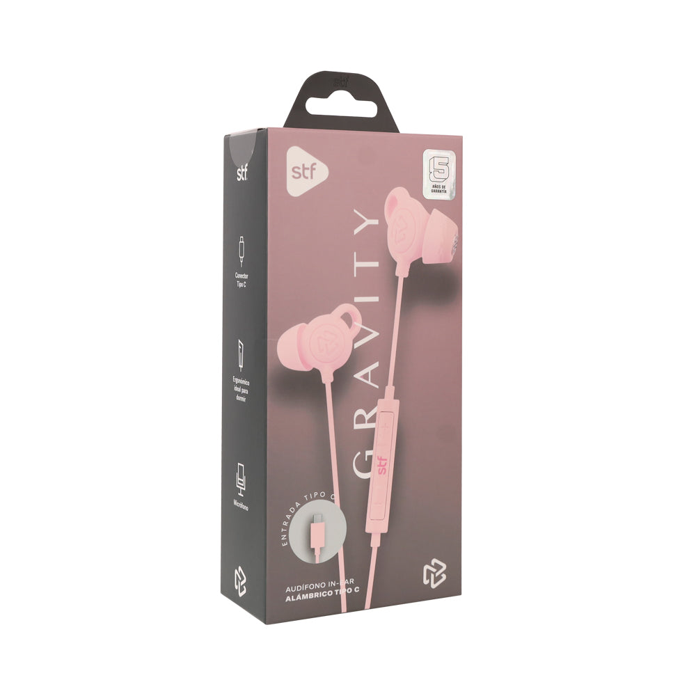 Audifonos alámbricos In Ear Gravity STF Tipo C, Micrófono, Rosa