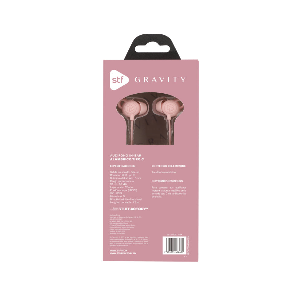 Audifonos alámbricos In Ear Gravity STF Tipo C, Micrófono, Rosa