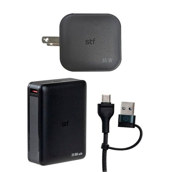 Combo Travel 3 en 1: Cargador de Pared Internacional 65W + Batería Recargable 20,000 mAh + Cable 4 en 1 de 1.8m
