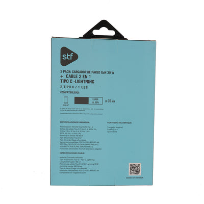 2 Pack Cargador STF GaN 30W + Cable Tipo C/Lightning Carga Rápida PD