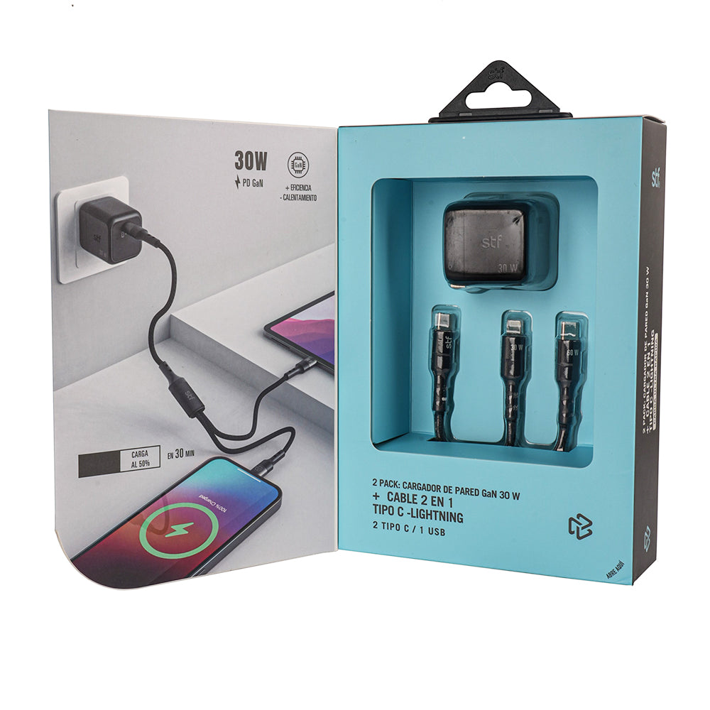 2 Pack Cargador STF GaN 30W + Cable Tipo C/Lightning Carga Rápida PD