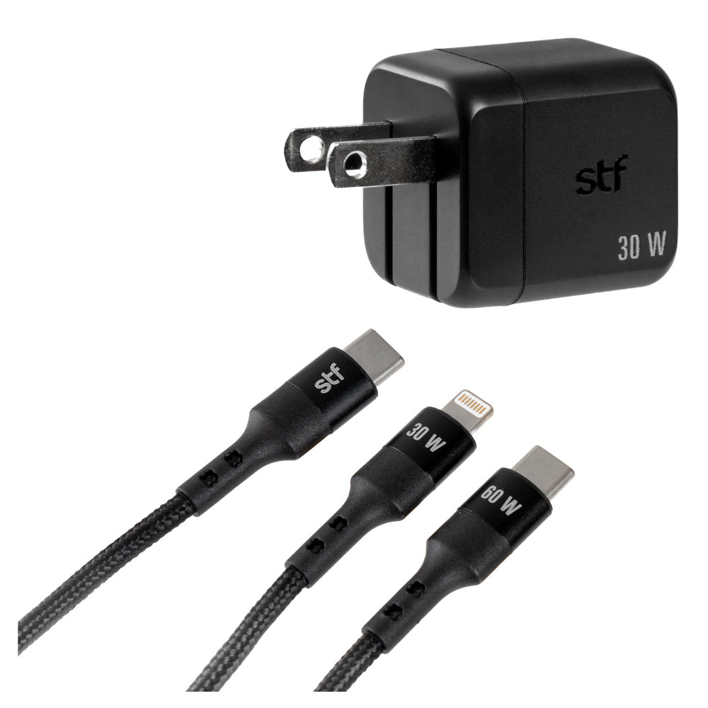 2 Pack Cargador STF GaN 30W + Cable Tipo C/Lightning Carga Rápida PD