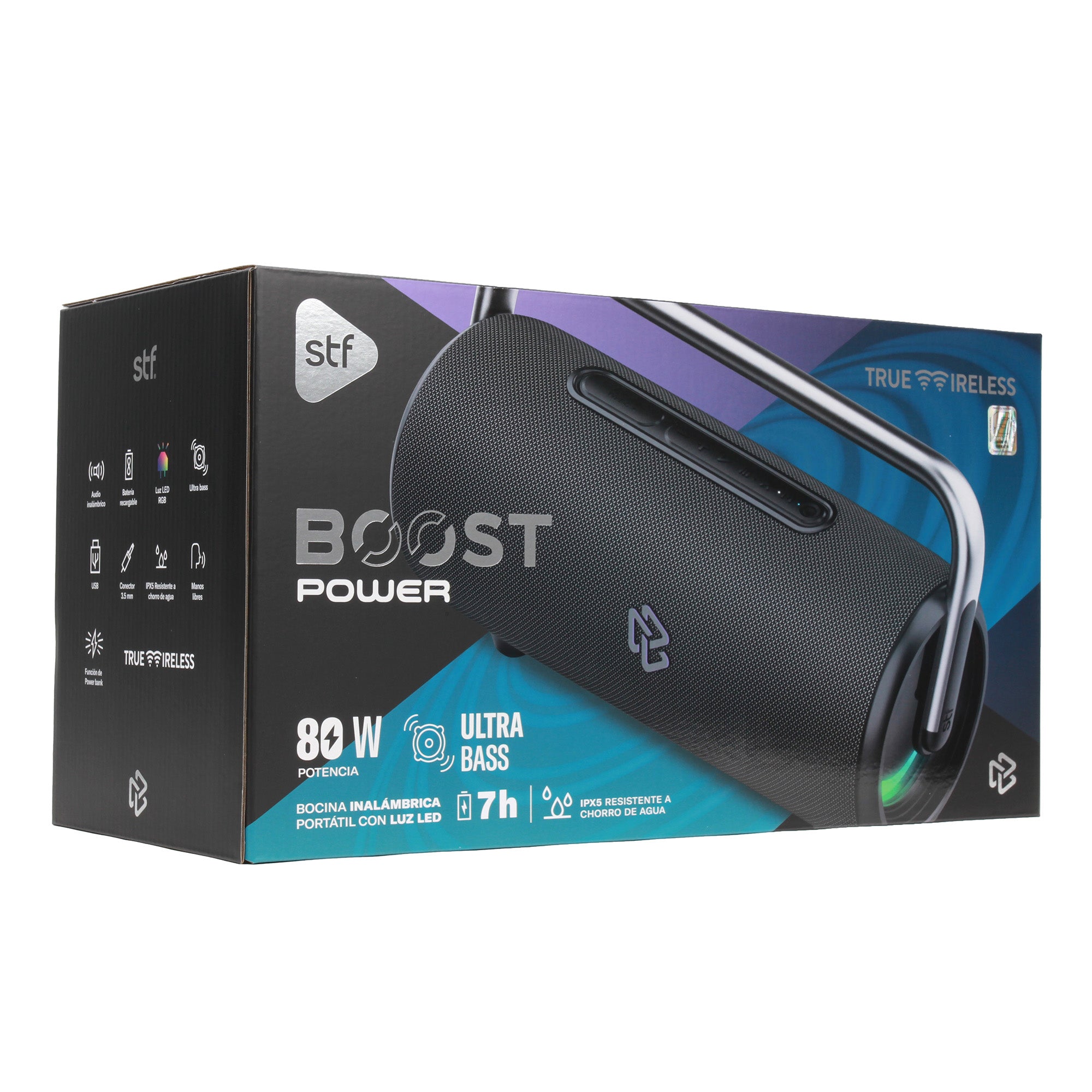 Bocina Portátil Boost Power STF 80W 7hrs Uso Función Tws con Power Bank