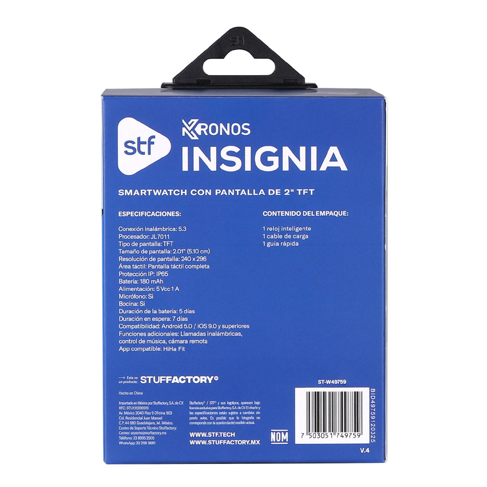 Smartwatch Reloj Kronos Insignia STF Pantalla 2" Resistencia al agua IP65 Negro