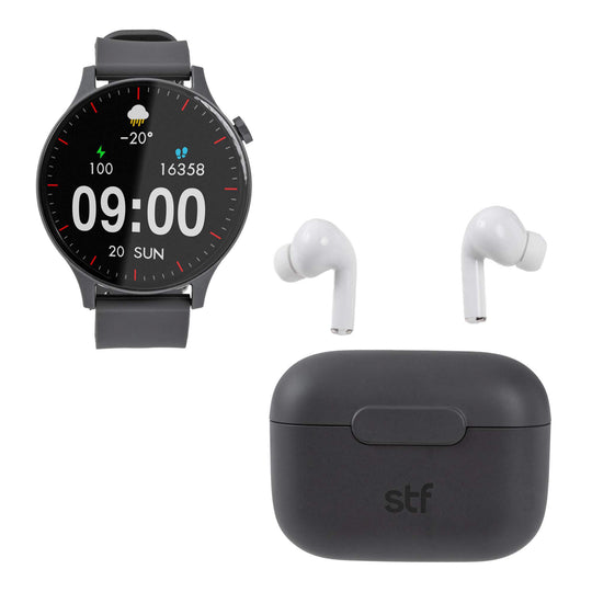 Smartwatch reloj inteligente | STF Kronos Sound Pack | Pantalla 1.38" + Audífonos True Wireless Grafito