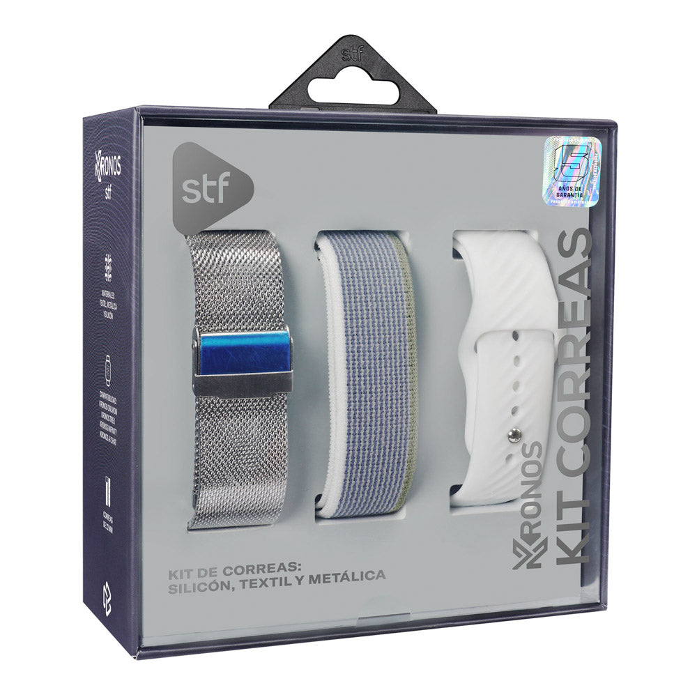 Kit Correas Smartwatch Reoj Kronos STF textil, silicon y metalica medida 22mm
