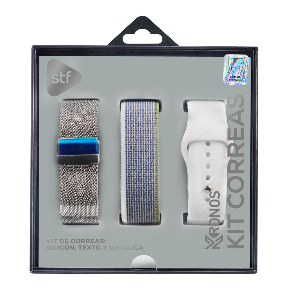 Kit Correas Smartwatch Reoj Kronos STF textil, silicon y metalica medida 22mm
