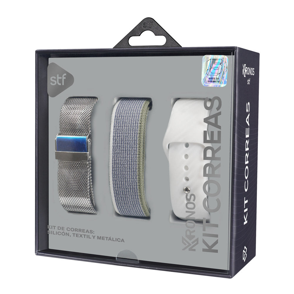 Kit Correas Smartwatch Reoj Kronos STF textil, silicon y metalica medida 22mm