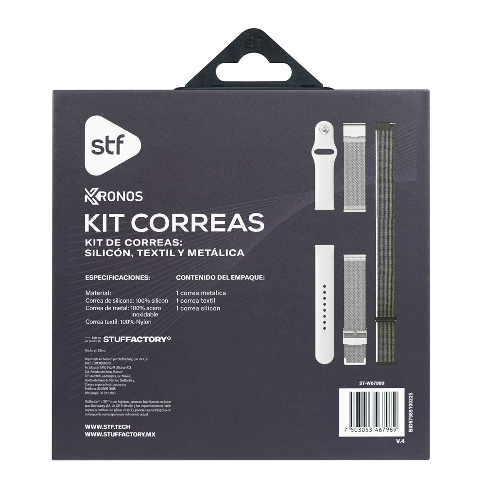 Kit Correas Smartwatch Reoj Kronos STF textil, silicon y metalica medida 22mm